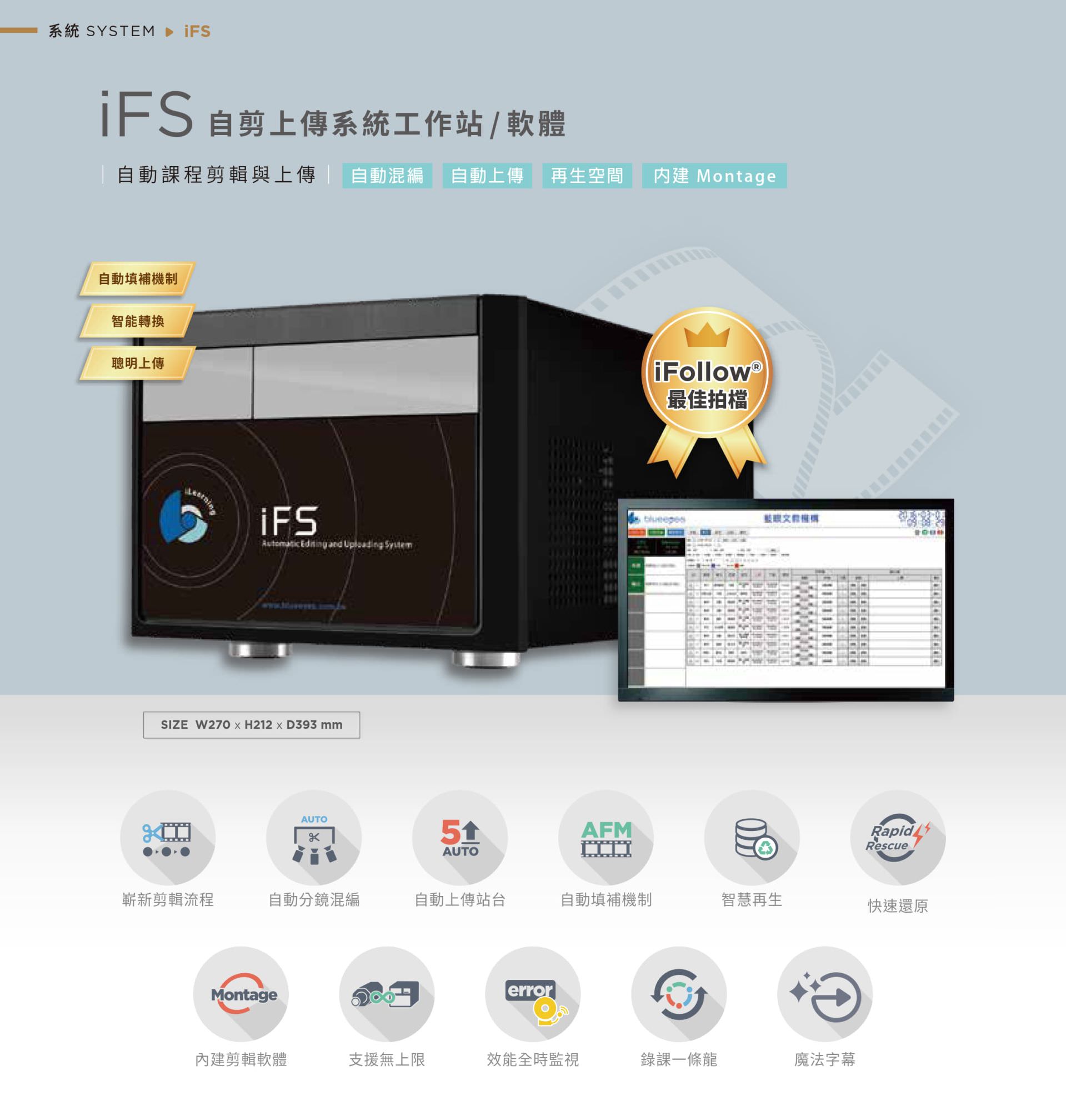 iFS 自剪上传系统工作站支持自动课程剪辑、智能分镜混编与自动上传站台功能,内置 Montage 剪辑软件可无缝衔接多路课程内容并合并输出,自动补机机制与快速还原保障影片完整性,支持智能再生与全时监控功能,是整合自动剪辑与智能上传的教学影音处理平台,最适合搭配 iFollow 系统使用。